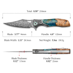 Складной туристический нож TRIVISA Apus-07C/P клинок 67 Layers Damascus рукоять сталь, дерево и смола (бирюзовый-коричневый)