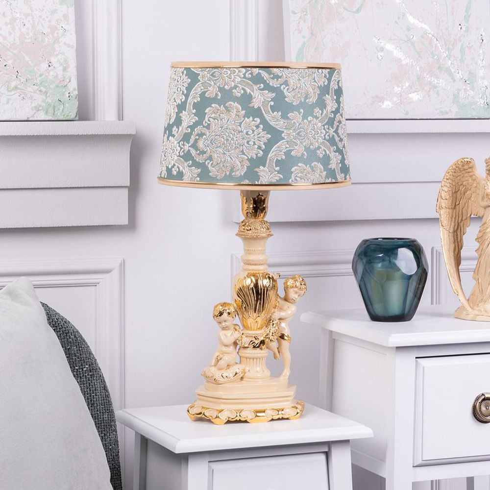 Настольная лампа Путти Айвори с абажуром Тюссо Vatican (Ватикан) Аквамарин