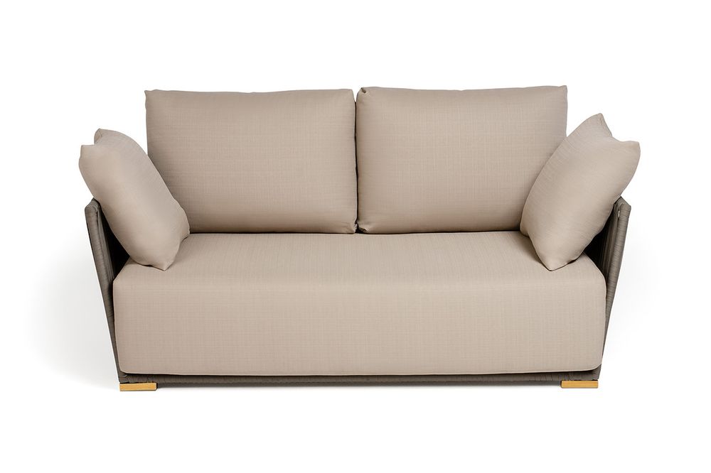 "Форли" диван 2-местный плетеный из роупа, каркас алюминий светло-серый (RAL7035) муар, роуп серо-коричневый 23мм, ткань Mossle бежевая