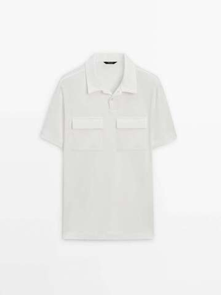 Massimo Dutti Хлопковая рубашка-поло с короткими рукавами и карманами, натуральный, кремовый