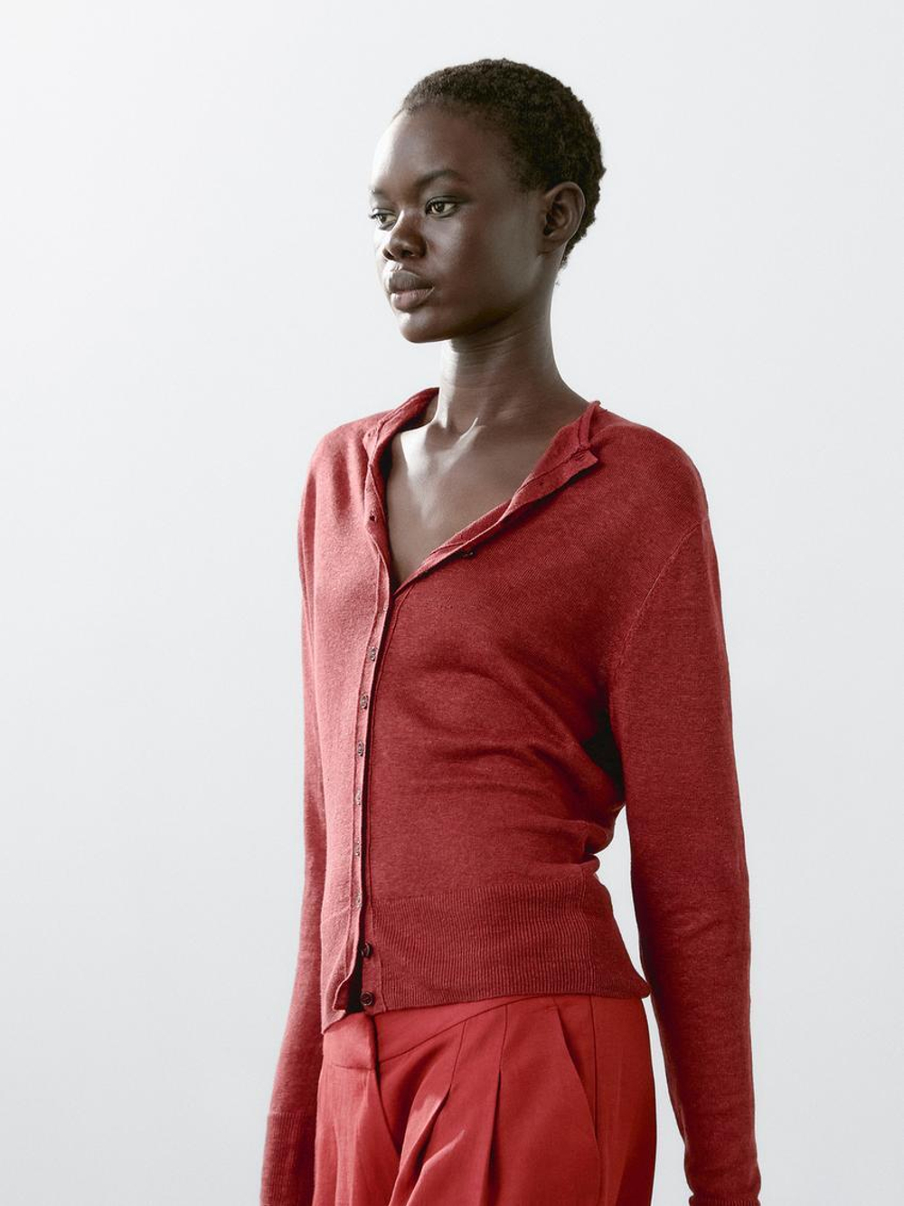 Massimo Dutti Кардиган из 100% льна с длинными рукавами, бургундский