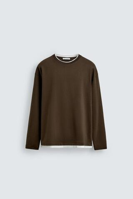 ZARA ФУТБОЛКА С ДВОЙНЫМИ КОНТРАСТНЫМИ ДЕТАЛЯМИ, КОРИЧНЕВЫЙ