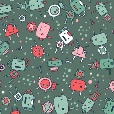 Милые роботы на зеленом