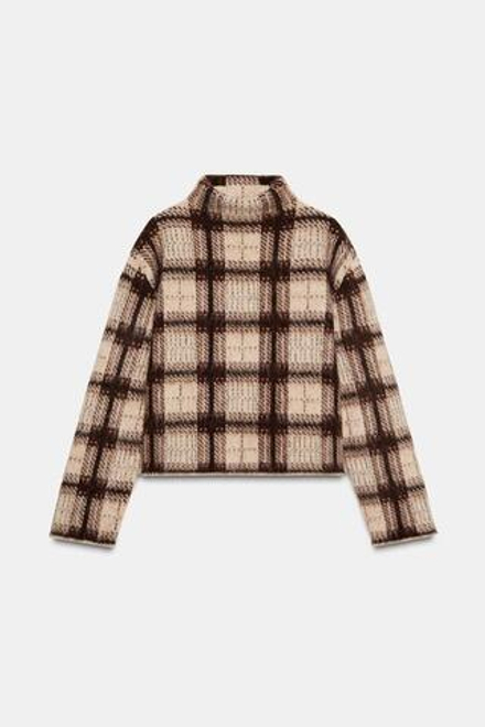 ZARA СВИТЕР В КЛЕТКУ С ЭФФЕКТОМ ВОРСА, БЕЖЕВЫЙ/НЕЖНО-КОРИЧНЕВЫЙ