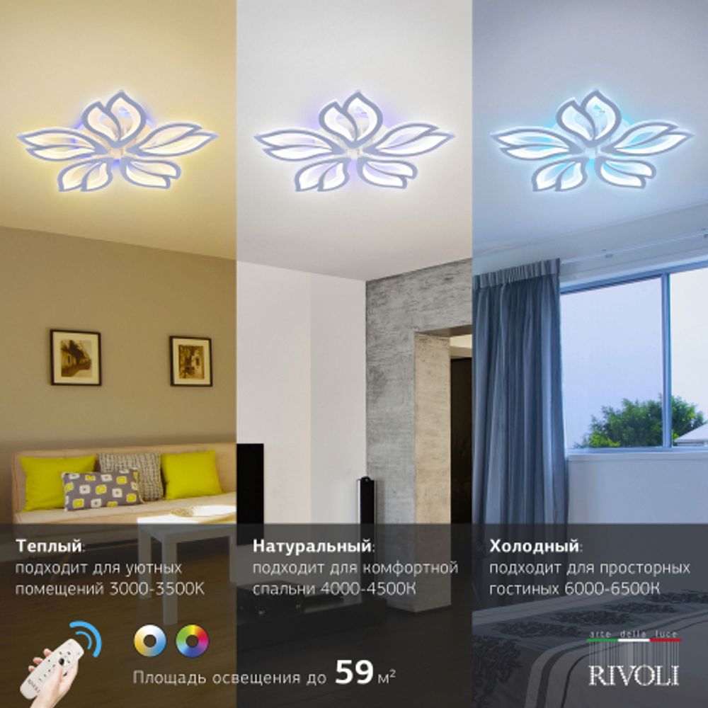 Светильник потолочный светодиодный Rivoli Claudia 6087-105 с пультом 110 Вт + 7 Вт 4000К - 6000К LED модерн | Rivoli