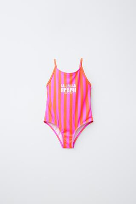 ZARA КУПАЛЬНИК В ПОЛОСКУ С НАДПИСЬЮ «LA JOLLA BEACH», НЕОНОВО-ОРАНЖЕВЫЙ