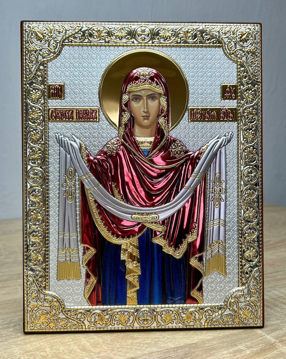 Покрова, икона прямоугольная без рамки, красное дерево, эмаль 150х200