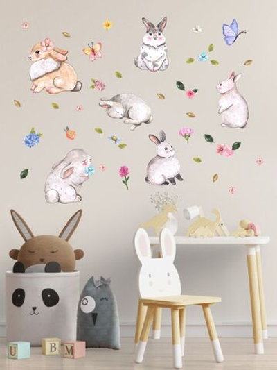 Детские акварельные интерьерные наклейки зайчики с цветами на стены, мебель и ровные поверхности