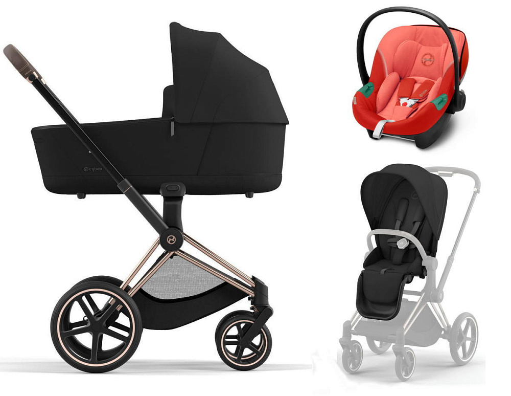 Коляска 3 в 1 Cybex Priam IV Rosegold complete и автокресло Aton S2 i-Size Hibiscus Red Sepia Black
