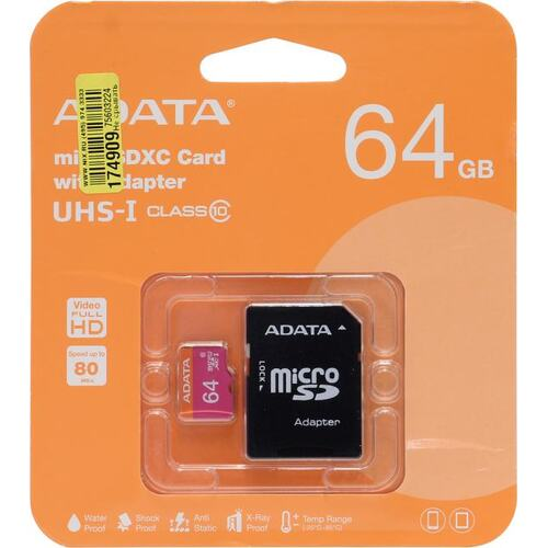 Карта памяти ADATA Premier AUSDX64GUICL10-RA1 microSDXC UHS-I Class 1 (U1), Class 10 64 ГБ +microSD-&gt;SD адаптер
