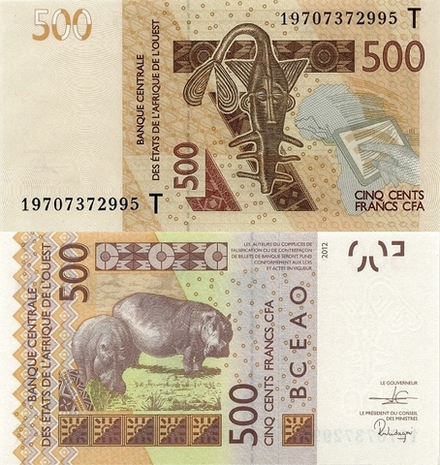 Того 500 франков КФА 2012-2024 Бегемот UNC