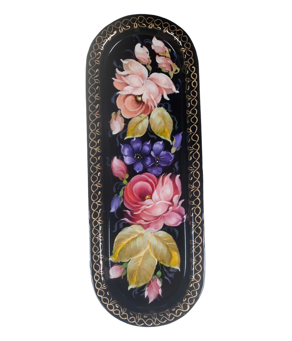 Жостовский поднос декоративный, размер 21х8 см (A4), металлический