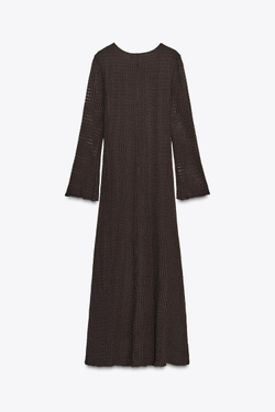 ZARA ВЯЗАНОЕ ПЛАТЬЕ МИДИ С ФУРНИТУРОЙ, КОРИЧНЕВЫЙ