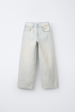 ZARA ДЖИНСЫ WIDE LEG СО СТРАЗАМИ, СИНИЙ