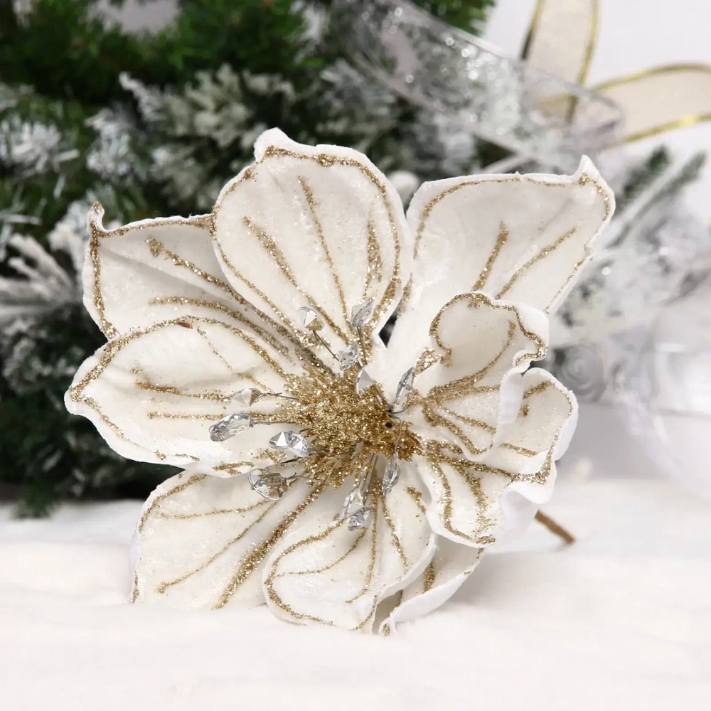 Украшение новогоднее «Пуансеттия - Изящное волшебство» 22 см, Белый/шампань