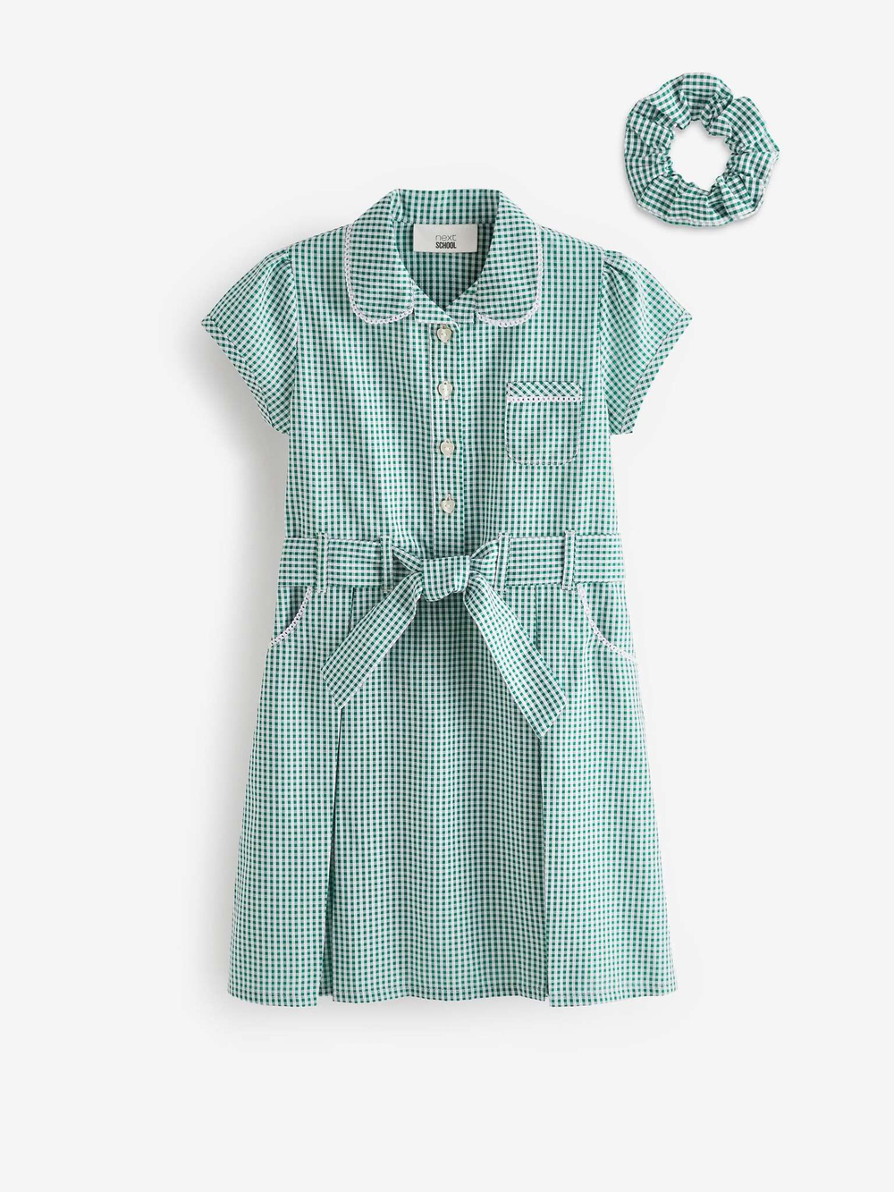 Платье школьное с поясом и резинка для волос в комплекте для девочки Next T40-875, Зеленый, Белый