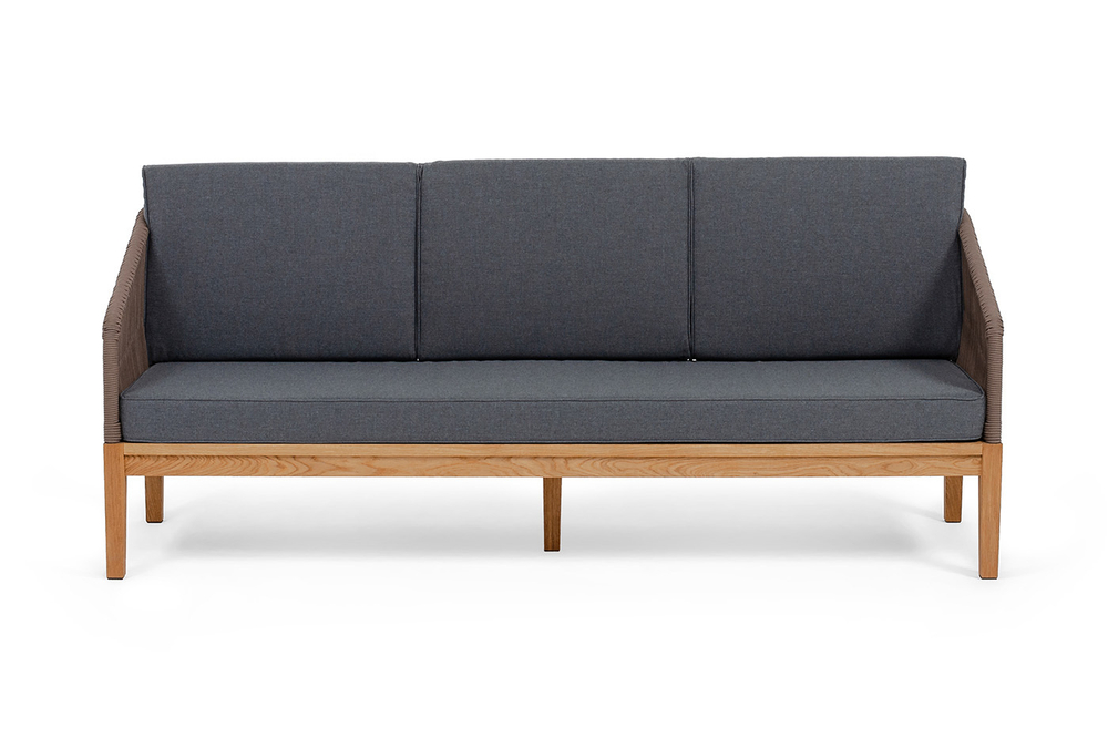 "Канны" диван 3-местный плетеный из роупа, основание дуб, роуп коричневый круглый, ткань темно-серая 027