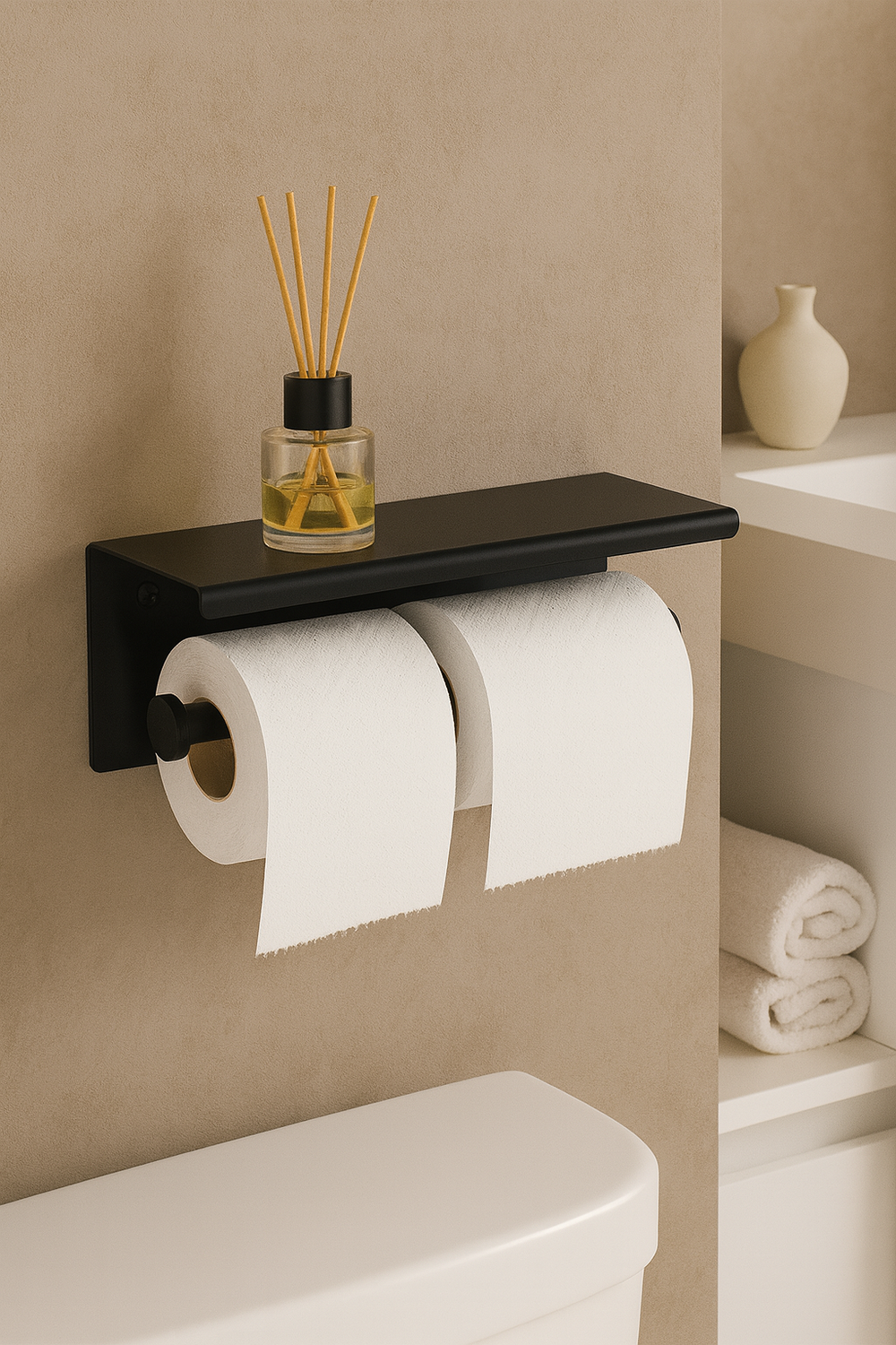 Держатель для туалетной бумаги STWORKI Хельсинки S33350BK настенный, матовый черный, с полкой