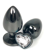 Черная металлическая анальная пробка с прозрачным стразом-сердечком - 9 см. (Цвет: прозрачный)