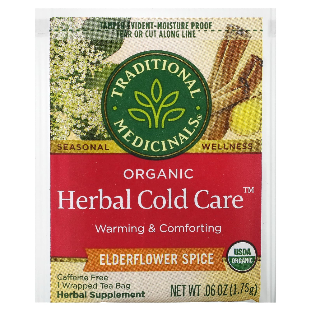 Traditional Medicinals, Organic Herbal Cold Care™, бузина со специями, без кофеина, 16 чайных пакетиков, 28 г (0,99 унции)