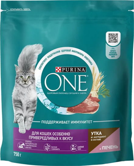 Purina ONE для Привередливых кошек с Уткой и печенью 750г.