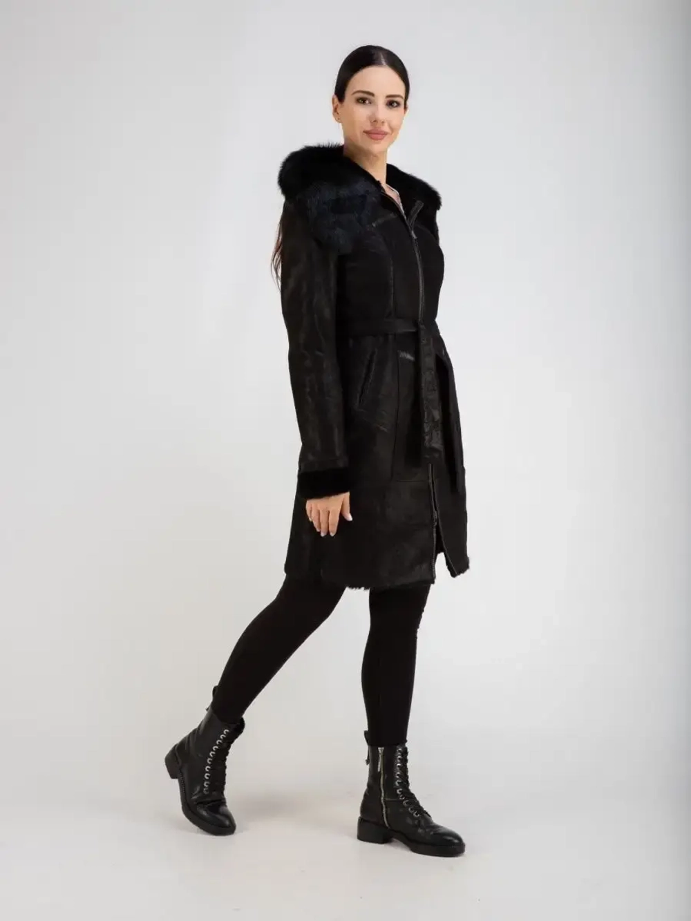 Дубленка женская натуральная с капюшоном длинная Турция