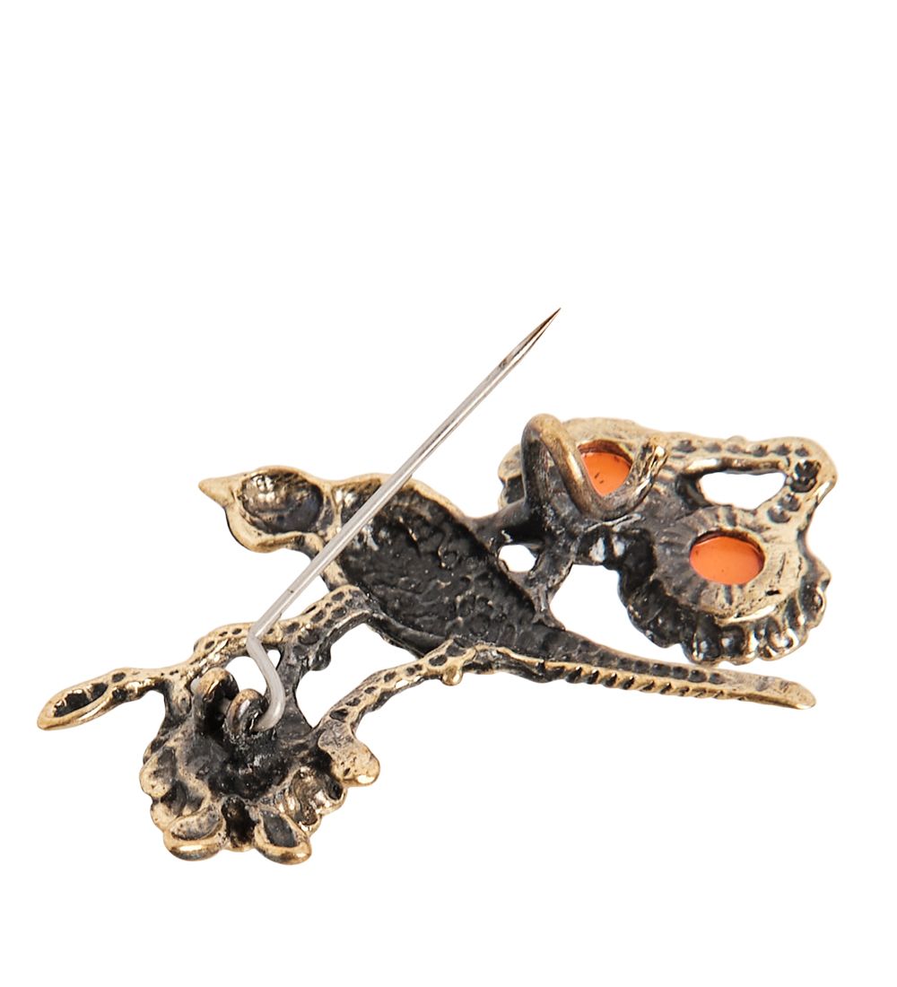 AM-2379 Брошь «Райская Птичка» (латунь, янтарь)