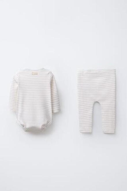 ZARA КОМПЛЕКТ ИЗ БОДИ И ЛЕГИНСОВ С МИШКОЙ И ПОЛОСКАМИ, СЕРО-КОРИЧНЕВЫЙ