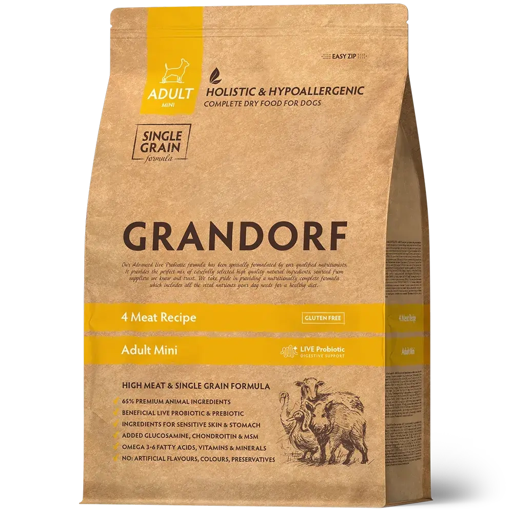 GRANDORF Adult Mini (4 Meat Recipe) PROBIOTIC для мелких пород, 4 вида мяса (чувствительное пищеварение, склонность к аллергии)