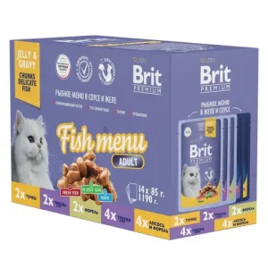Набор паучей для кошек Brit Premium, Рыбное меню в соусе и желе, 14 шт х 85г