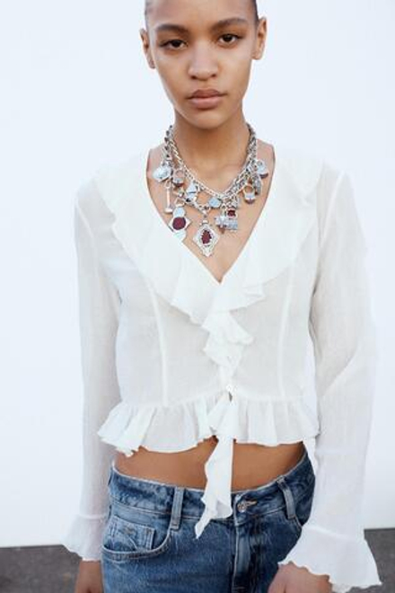 ZARA ПОЛУПРОЗРАЧНАЯ БЛУЗА С ВОЛАНАМИ, ЭКРЮ