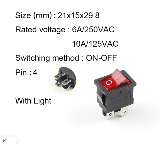 Переключатель KCD1 4-контактный 250 В 3 А 21*15мм (красный)