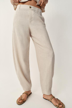 ZARA БРЮКИ BARREL ИЗ ЛЬНЯНОГО МИКСА, СВЕТЛО-БЕЖЕВЫЙ