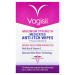 Vagisil, лечебные салфетки против зуда, максимальная сила действия, 12 одноразовых салфеток в индивидуальной упаковке