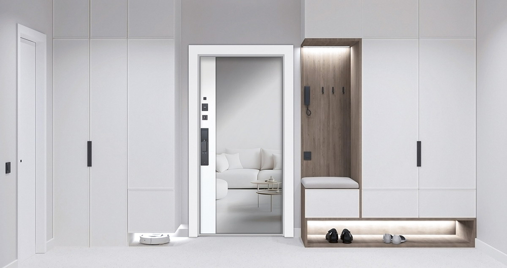 Стальная дверь "Берилл" с зеркалом (биометрический замок DZ 888). Заказная модель.