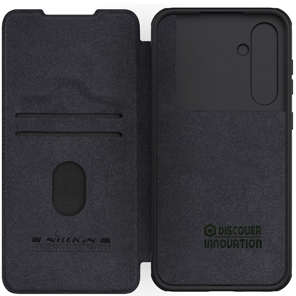 Кожаный чехол книжка от Nillkin для смартфона Samsung Galaxy S23 FE, серия Qin Pro Leather с защитной шторкой для камеры