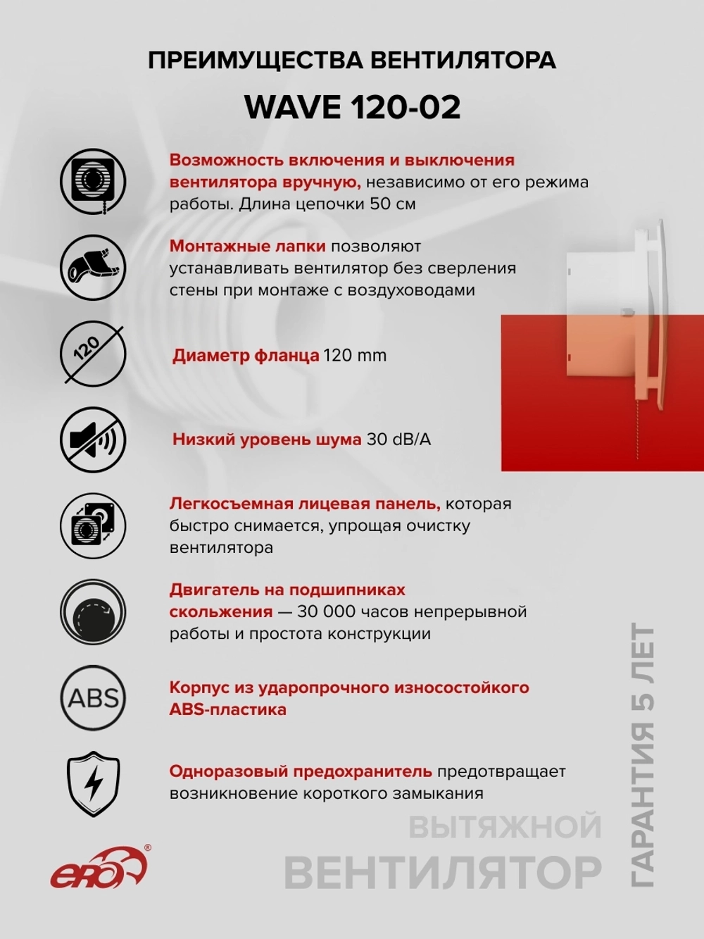 Вентилятор накладной WAVE D120 тяг.выкл. ERA