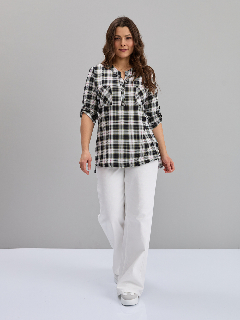 Блузка БЛ-131/хаки-клетка