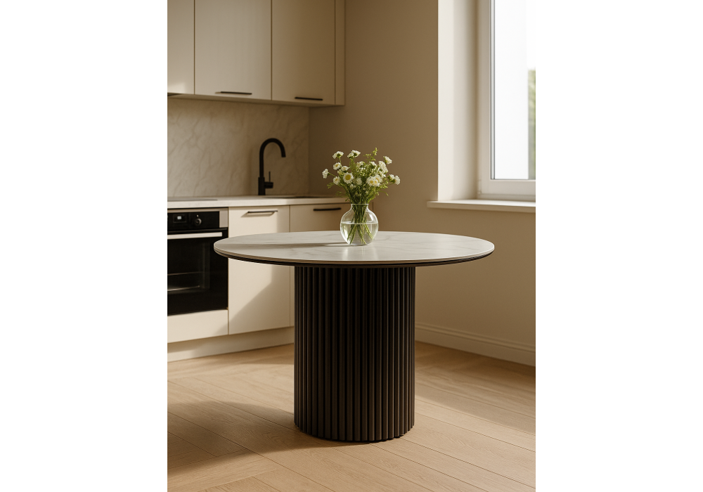 Керамический стол Woodville Барел 90 белый мрамор snow white, черный, ножки черные