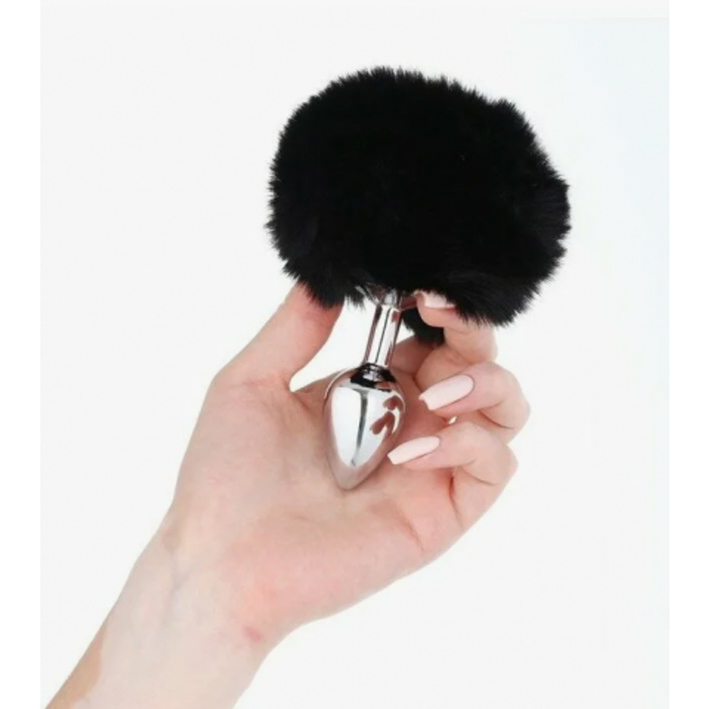 Серебряный анальный плаг с черным хвостиком