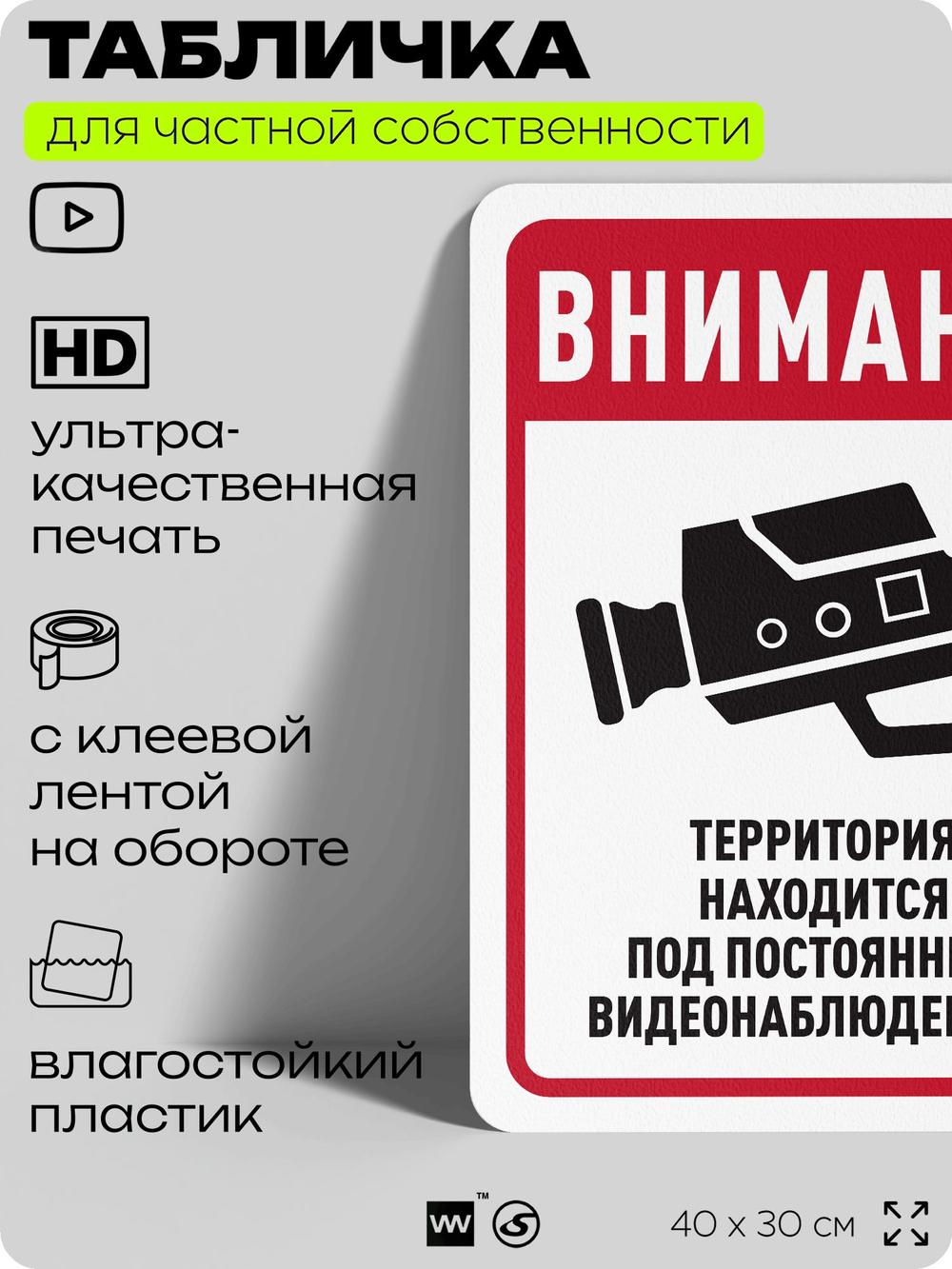 Табличка для частной территории "Внимание, территория находится под видеонаблюдением", на дом, для участка, организаций, предупреждающая, 40х30 см, Silver Plane x Айдентика Технолоджи