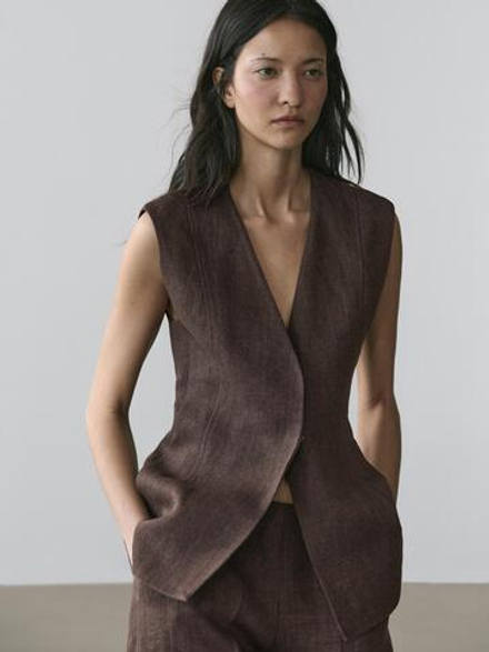 Massimo Dutti Костюмный жилет изо льна, коричневый