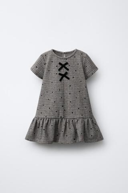 ZARA ПЛАТЬЕ ИЗ ТКАНИ «ГУСИНАЯ ЛАПКА» С БАРХАТНЫМИ БАНТАМИ, РЫЖЕВАТО-КОРИЧНЕВЫЙ