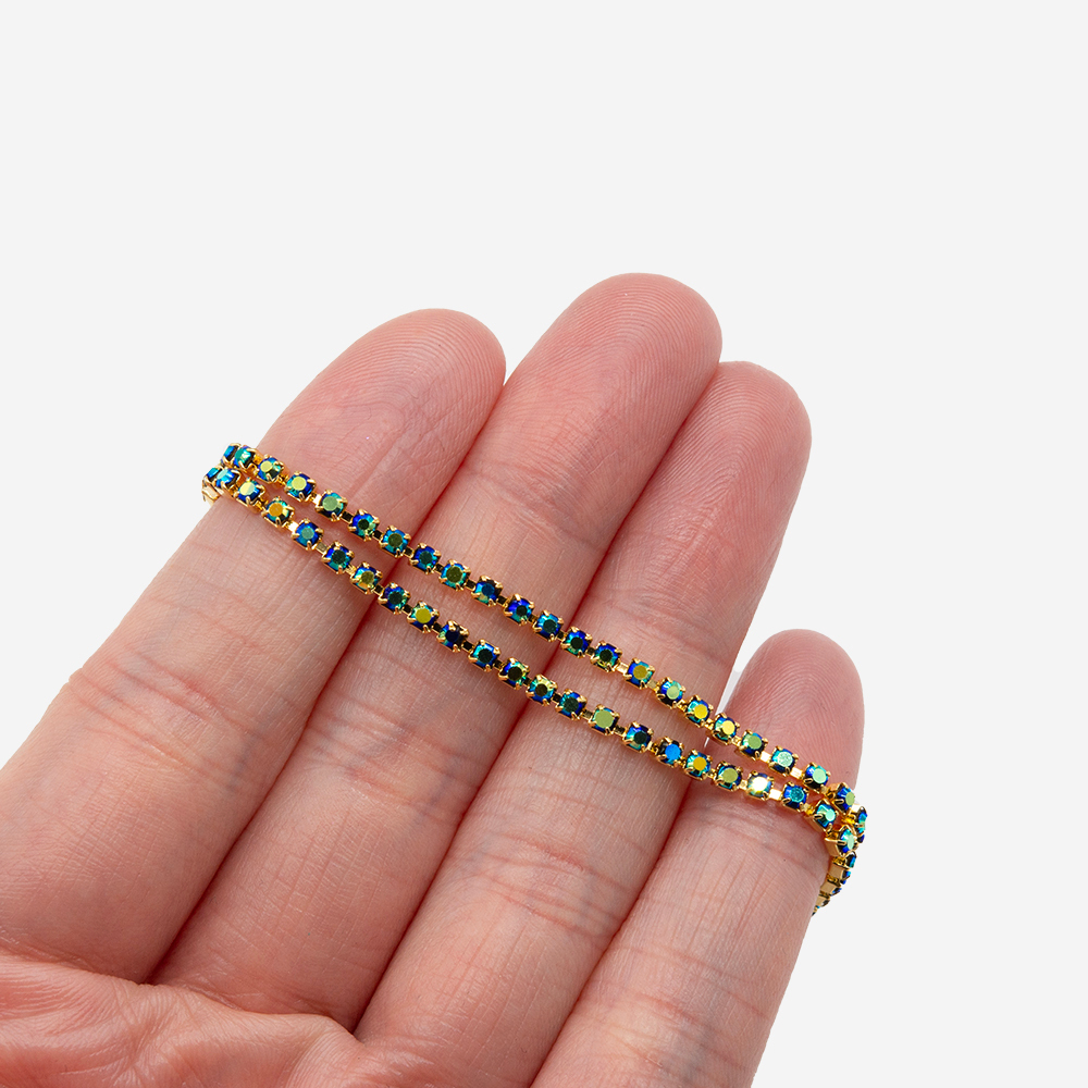 Стразовая цепь дуохромная, 2мм, синий кристалл с желтым напылением в позолоченных цапах