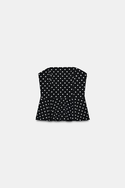 ZARA ТОП С БАСКОЙ И ОТКРЫТЫМИ ПЛЕЧАМИ, ЧЕРНЫЙ/БЕЛЫЙ