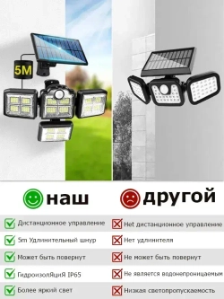 BOMOX Уличный светильник Светодиодный,С датчиком движения,Разделенная солнечная панель,Работает на батарейках,Пульт дистанционного управления, удлинительный кабель длиной 5 м