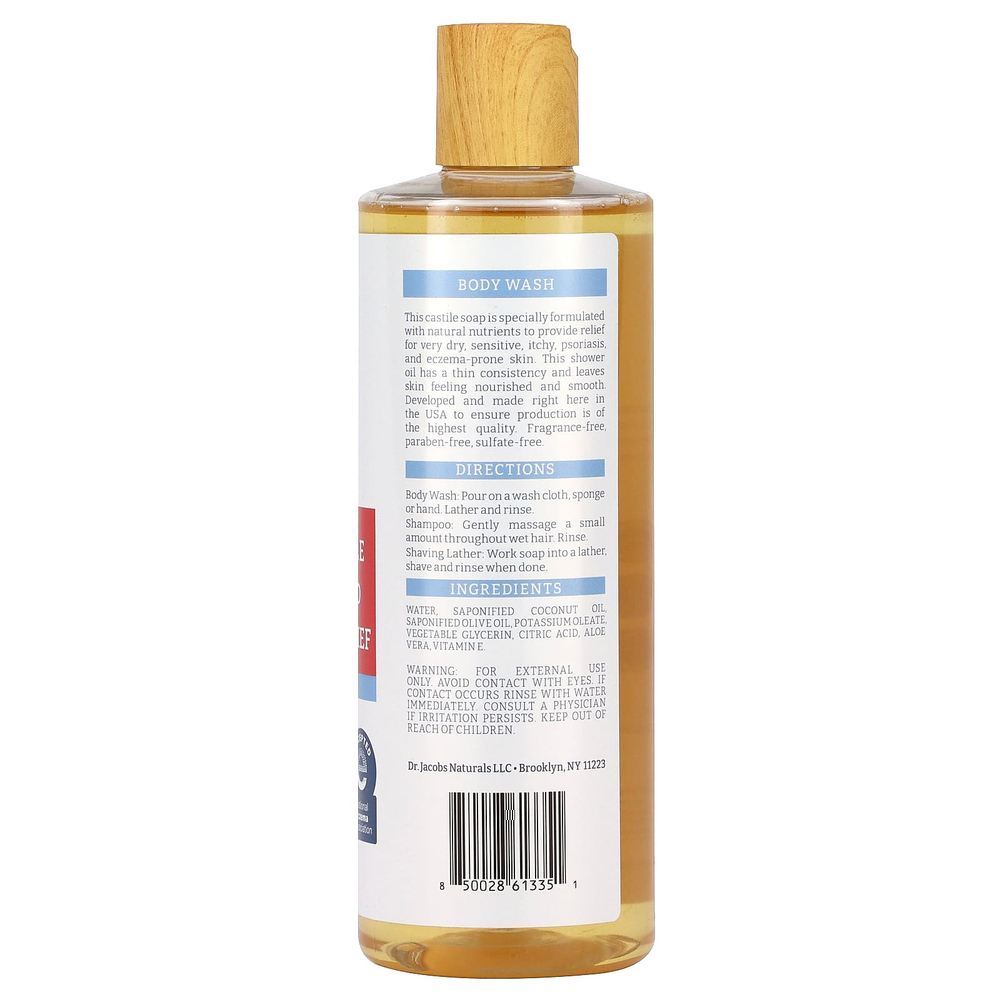 Dr. Jacobs Naturals, Pure Кастильское средство для снятия экземы и псориаза, гель для душа, без отдушек, 473 мл (16 унций)