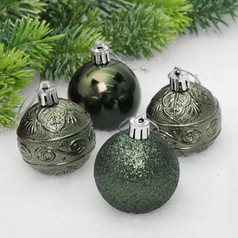 Новогодние шары 5 см (набор 4 шт) «Микс фактур», изумруд