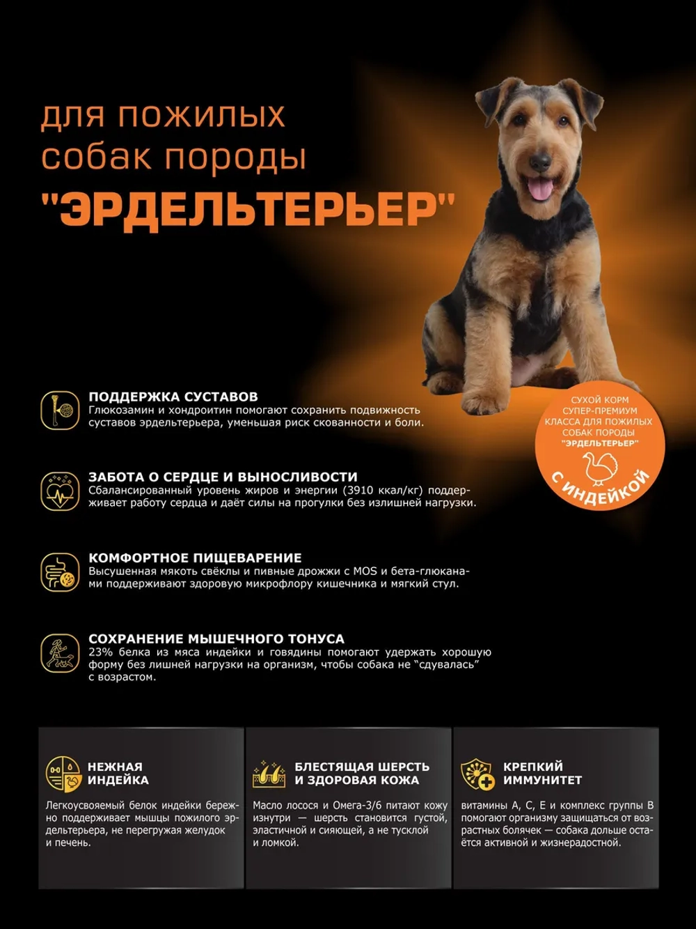 Корм для Эрдельтерьер старше 5 лет, индейка, 3 кг
