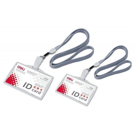 Бейдж Deli, горизонтальный, 103x78мм, зажим вращающийся шнур:серый, 1шт.